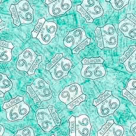 Fabric QT Turquoise Route 66 Signs Get Your Kicks 2026 by the Quarter Yard 31671-Q