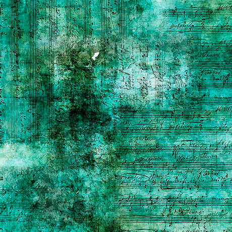 A textured teal and turquoise background with an overlay of vintage sheet music staves and cursive handwriting.