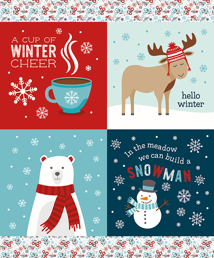 Four winter-themed cards with a cup of coffee, moose, polar bear, and snowman on a floral background.