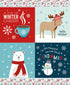 Four winter-themed cards with a cup of coffee, moose, polar bear, and snowman on a floral background.
