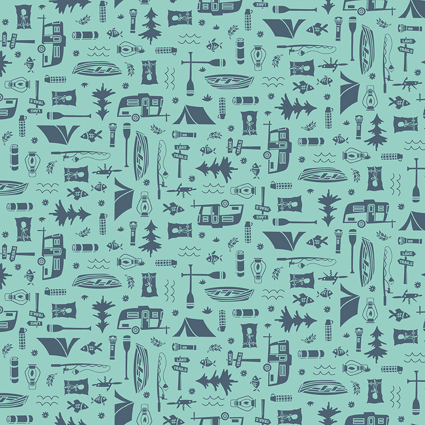 Fabric Riley Blake Aqua Let's Camp Happy Haven by the Quarter Yard C17622-AQUA