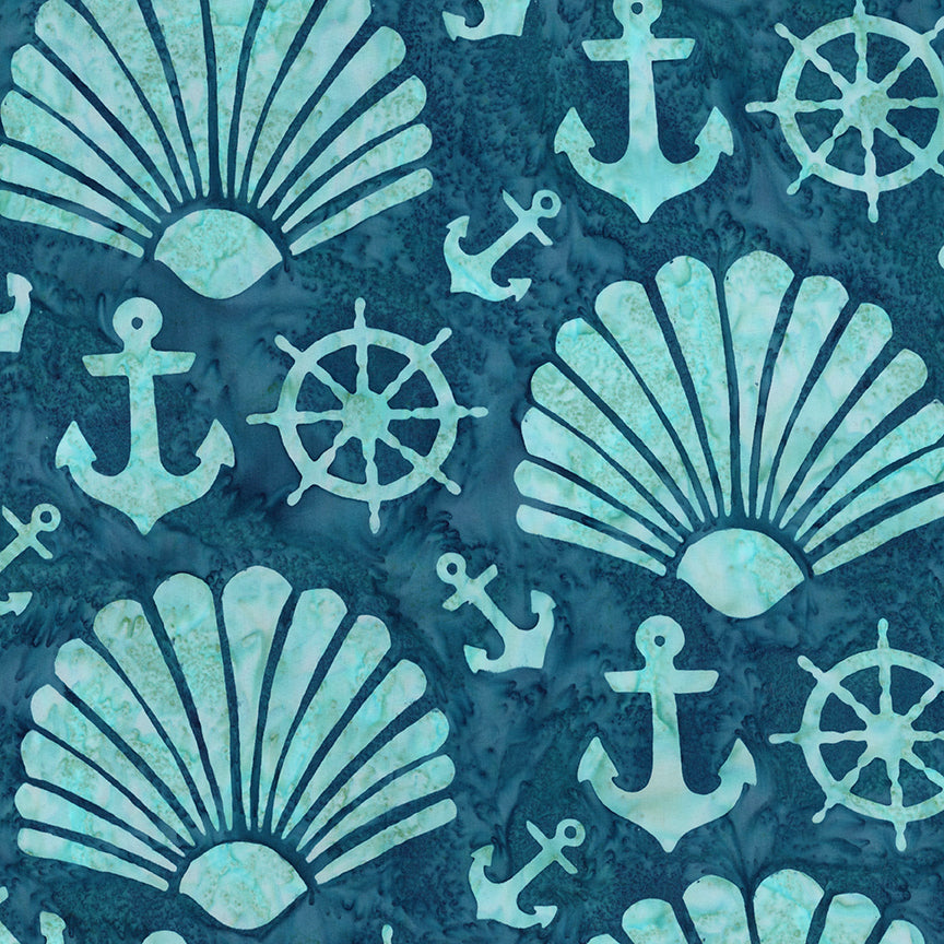 Nautical-themed pattern featuring light aqua seashells, anchors, and ship's wheels on a dark teal textured background.