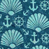 Nautical-themed pattern featuring light aqua seashells, anchors, and ship's wheels on a dark teal textured background.