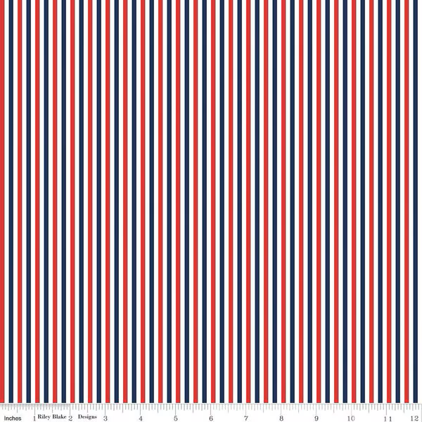 Fabric Riley Blake Basics White/Patriotic 1/8" Stripes by the Quarter Yard C495-PATRIOTIC