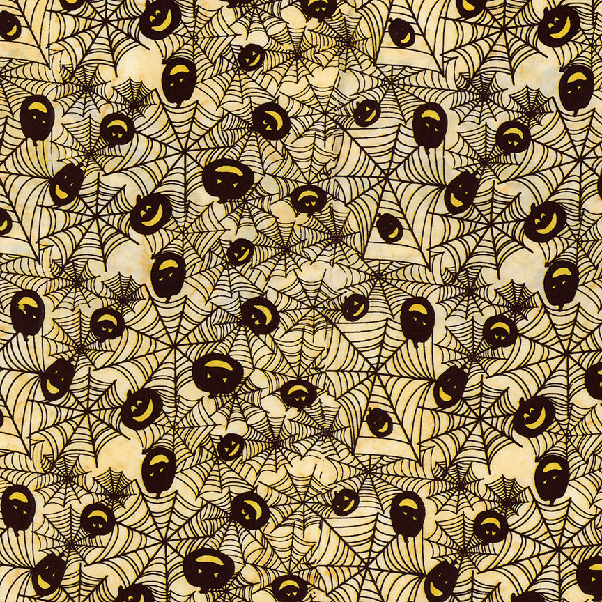 Pattern of black pumpkins and spider webs on a beige background