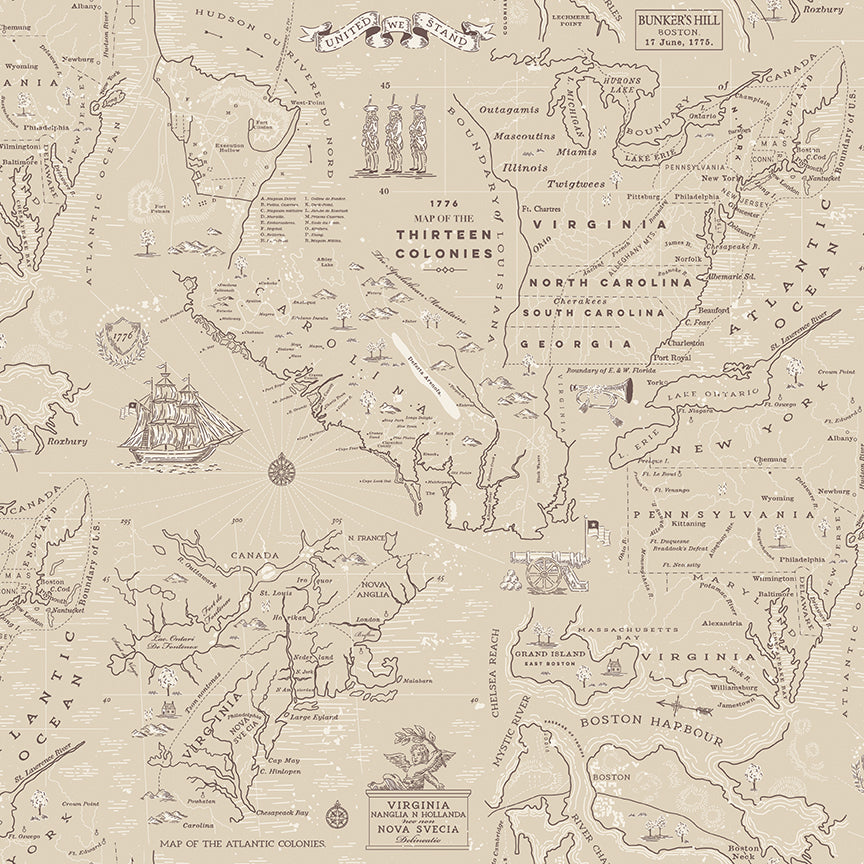 Map of the Thirteen Colonies with illustrations and text on a beige background