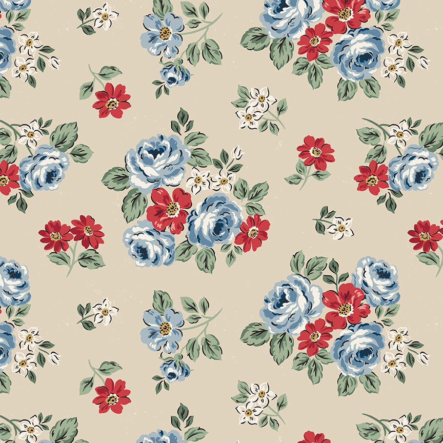 Floral pattern with blue, red, and white flowers on a beige background