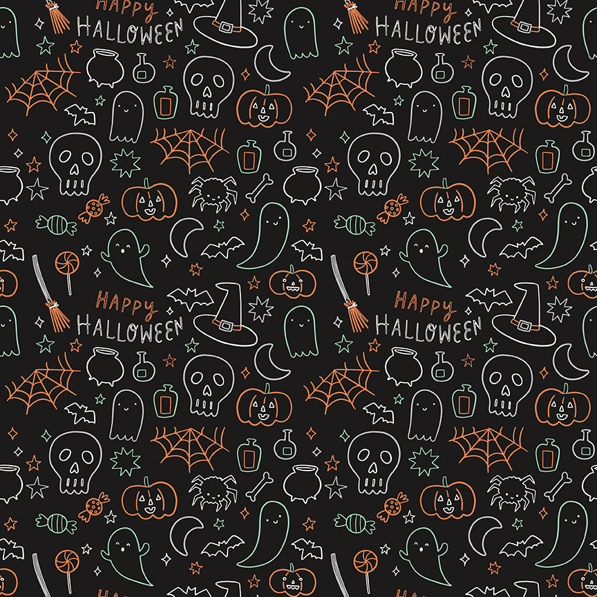 Fabric Riley Blake Black Halloween Icons Glow in the Dark Frank and Friends by the Quarter Yard GC17476-BLACK