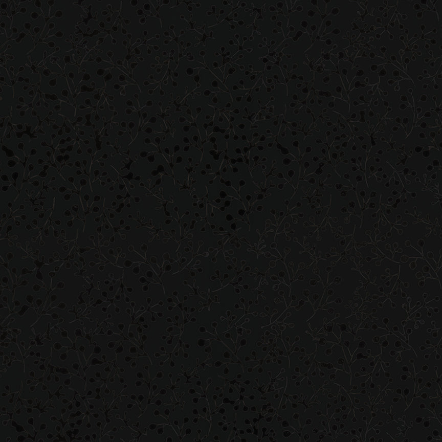 A close-up of a very dark fabric surface with a subtle black-on-black botanical pattern, filling the entire frame.