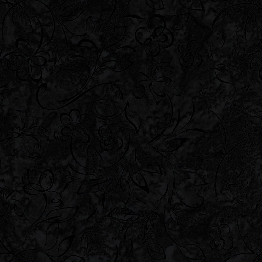 Black damask fabric with a subtle floral and scroll pattern.