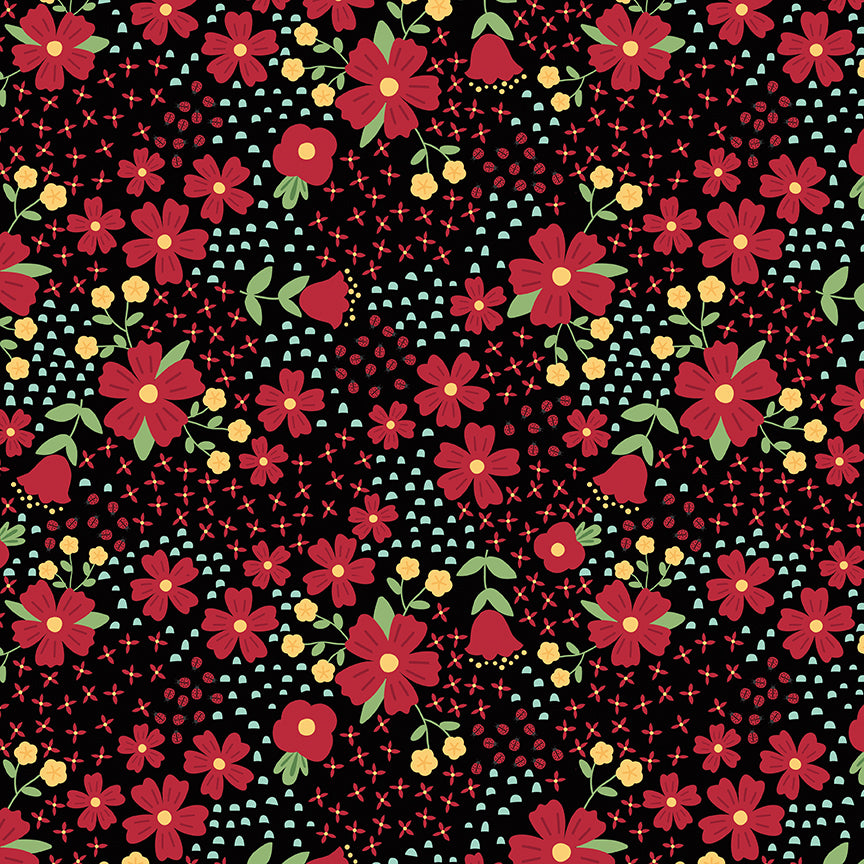 Floral pattern with red flowers and yellow centers on a black background