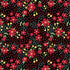 Floral pattern with red flowers and yellow centers on a black background