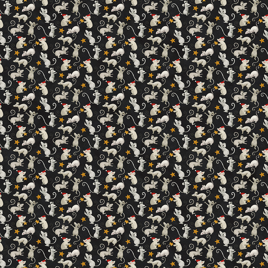 Pattern of small white animals with red bows on a black background with orange stars.