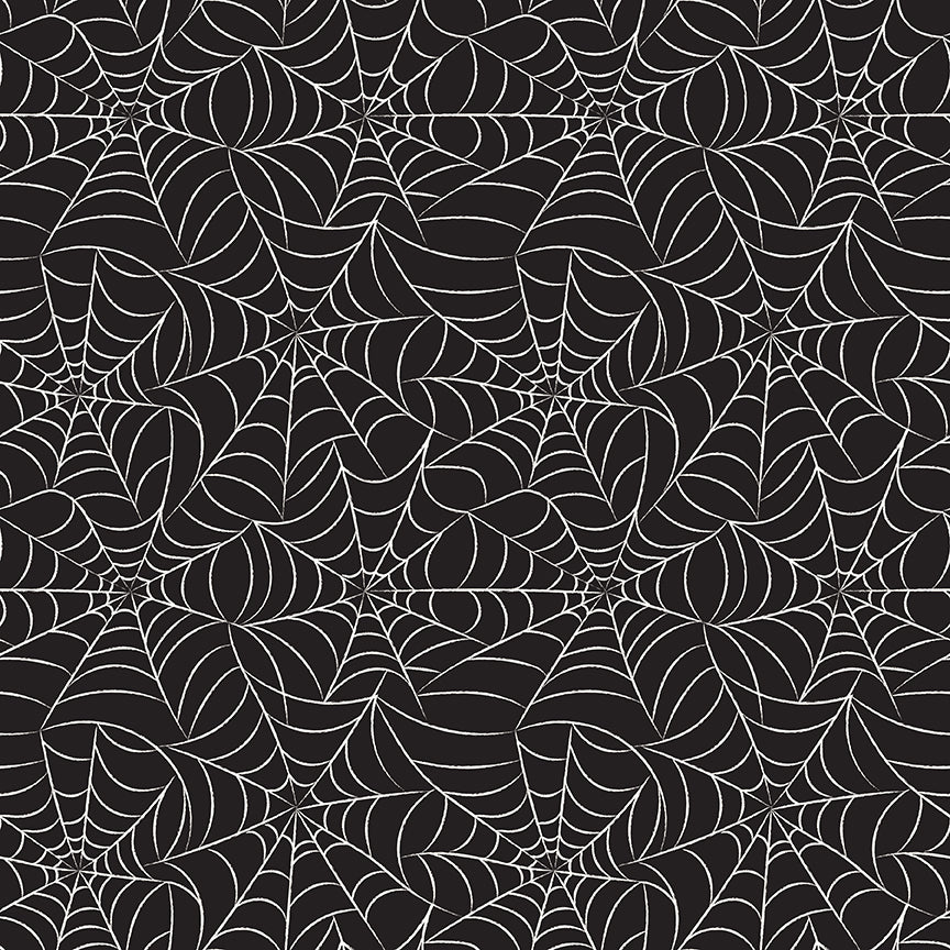 Fabric Riley Blake Black Webs Glow in the Dark Frank and Friends by the Quarter Yard GC17474-BLACK