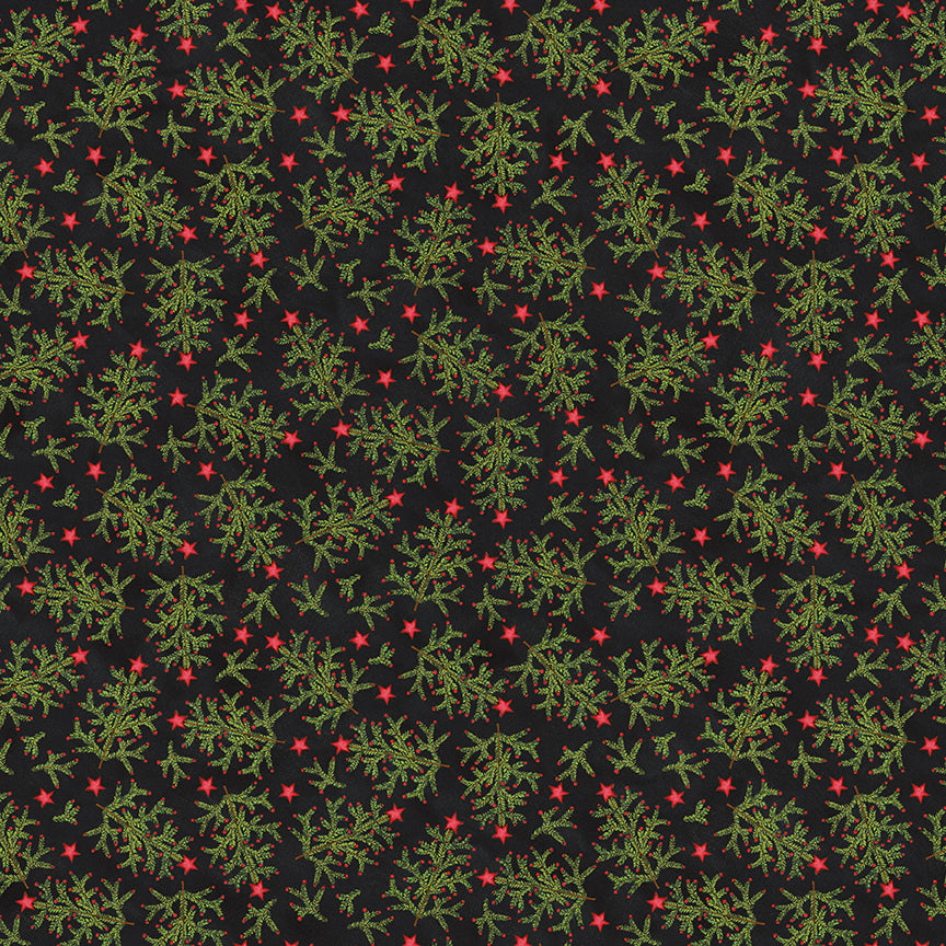 Pattern of green leaves and red stars on a black background