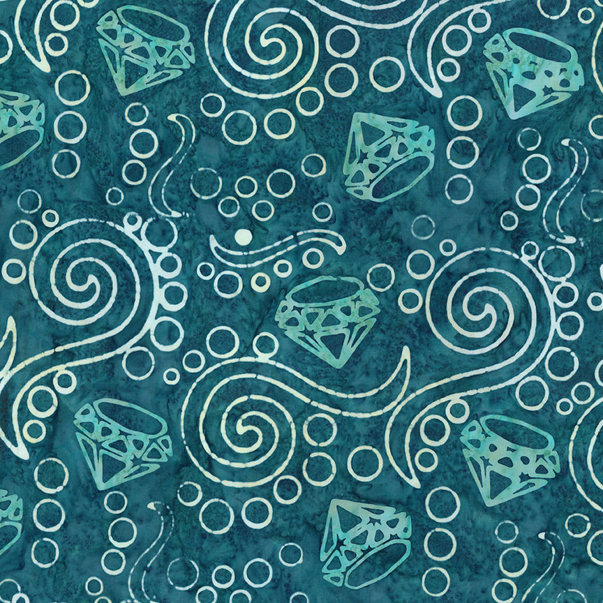 A repeating pattern featuring light teal gemstone illustrations, white swirls, and white circles over a mottled dark teal background.