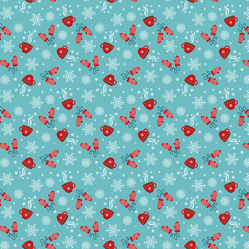 Pattern of red mugs, gloves, and snowflakes on a blue background
