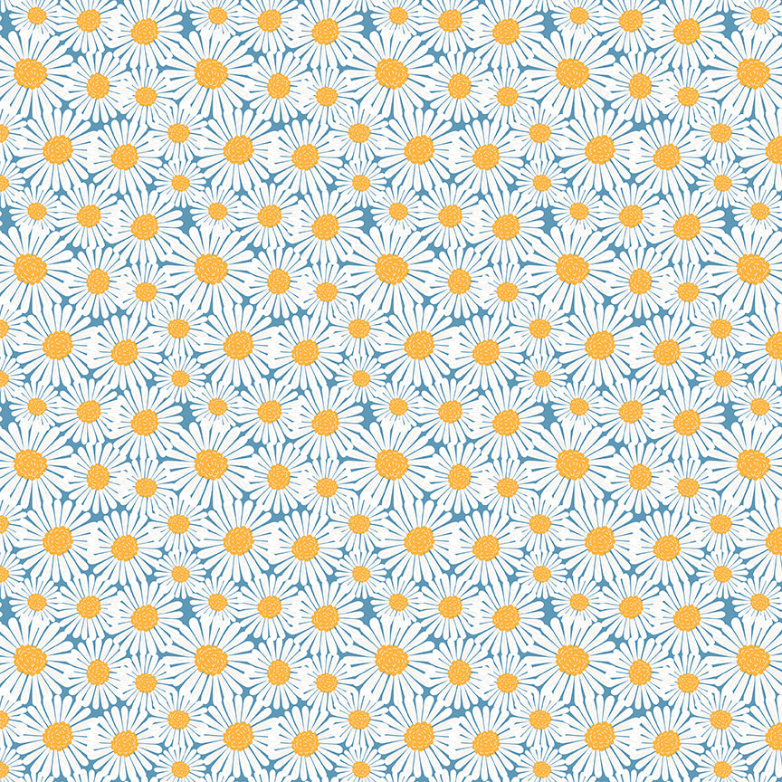 Pattern of white daisies with yellow centers on a blue background
