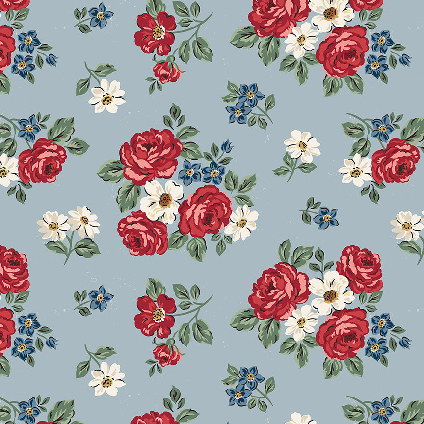 Floral pattern with red, white, and blue flowers on a light blue background
