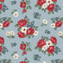 Floral pattern with red, white, and blue flowers on a light blue background