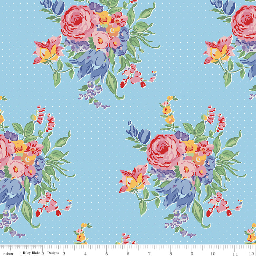 Floral pattern fabric with colorful flowers on a blue background