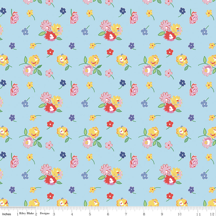Floral pattern fabric with colorful flowers on a blue background