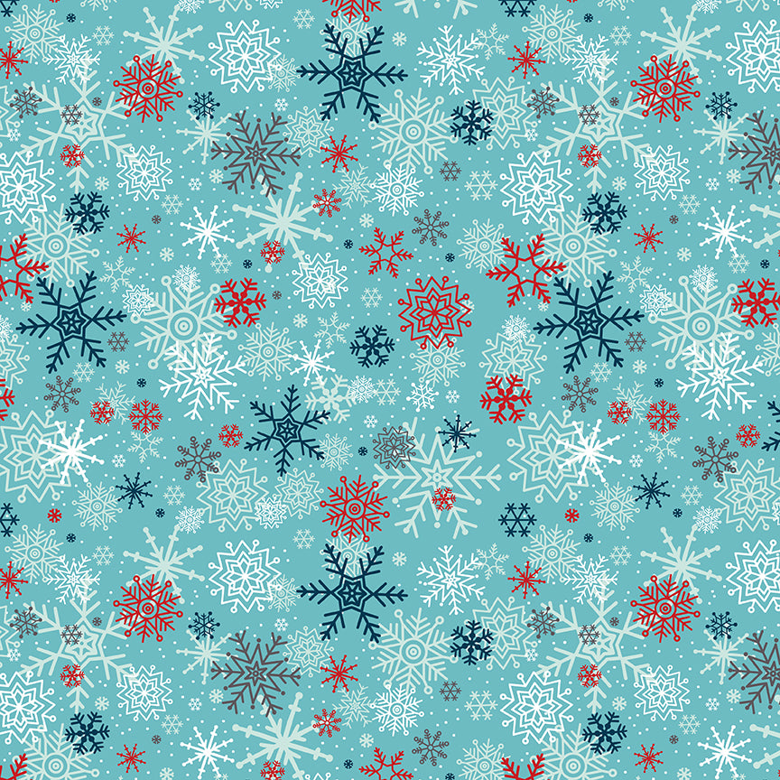 Pattern of colorful snowflakes on a blue background