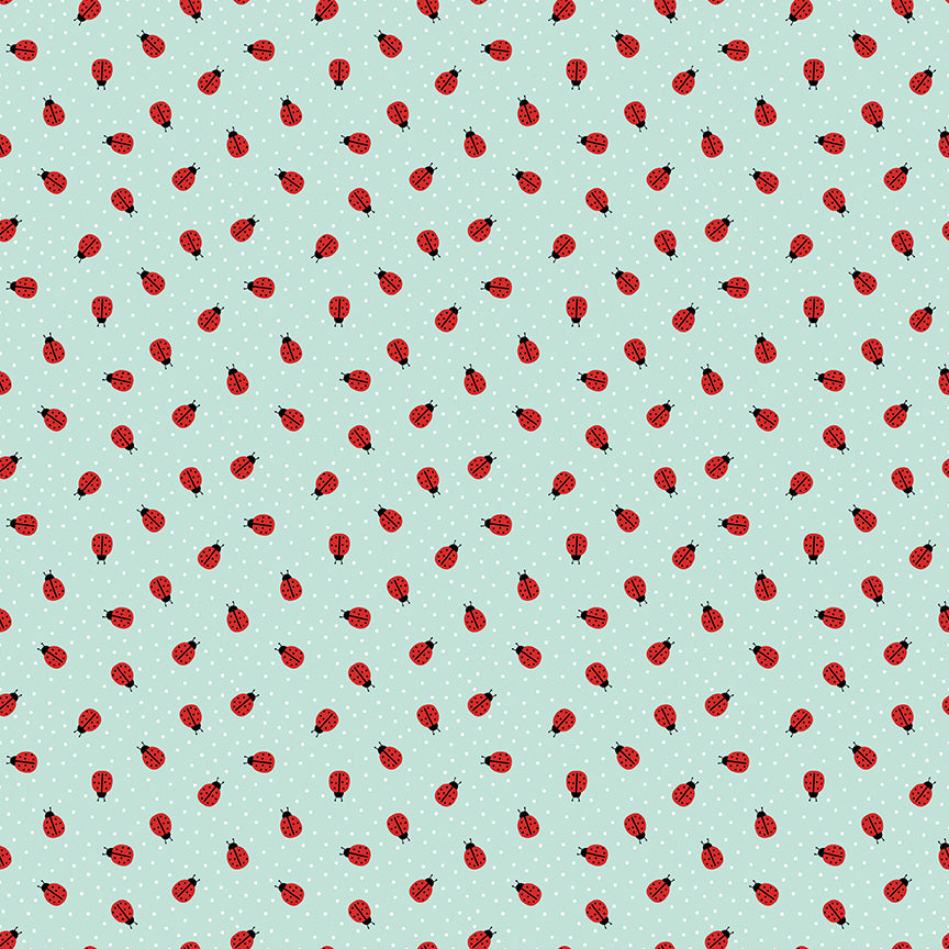 Pattern of red ladybugs on a light blue background