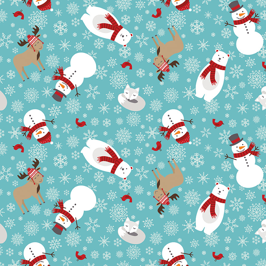 Pattern of winter-themed characters including snowmen, bears, and deer on a blue background with snowflakes.