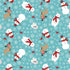 Pattern of winter-themed characters including snowmen, bears, and deer on a blue background with snowflakes.