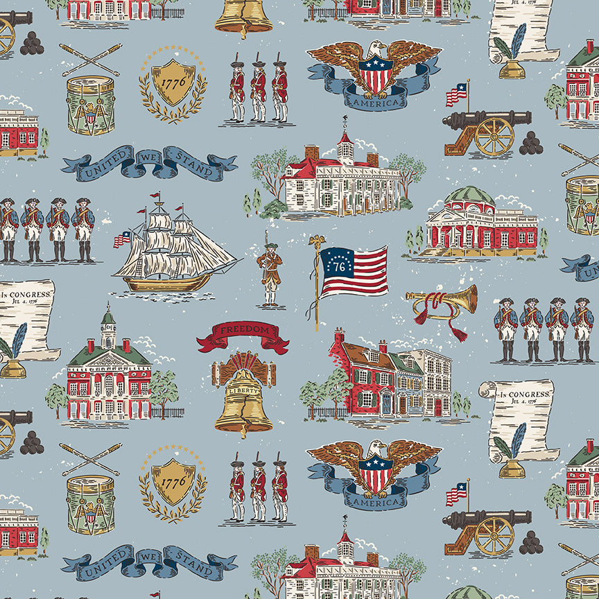 Patterned fabric with historical American symbols on a blue background