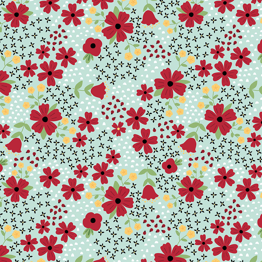Pattern of red flowers and small black and yellow details on a light blue background