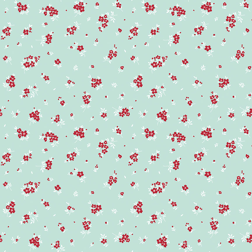 Pattern of red flowers on a light blue background