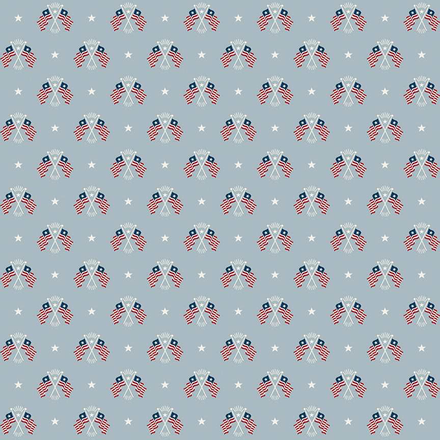 Pattern of American flags and stars on a light blue background