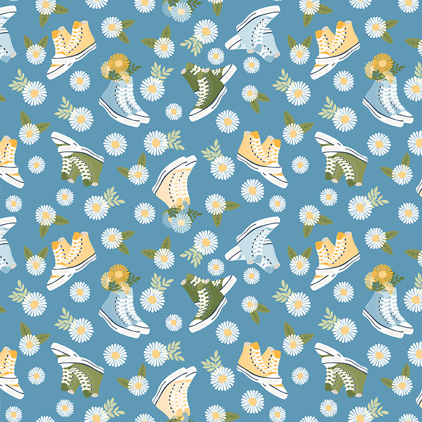 Pattern of sneakers and flowers on a blue background
