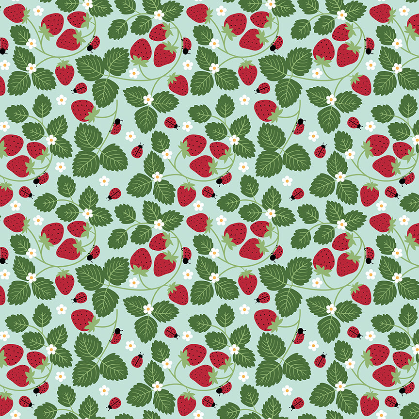 Pattern of red strawberries, green leaves, and white flowers on a light blue background.