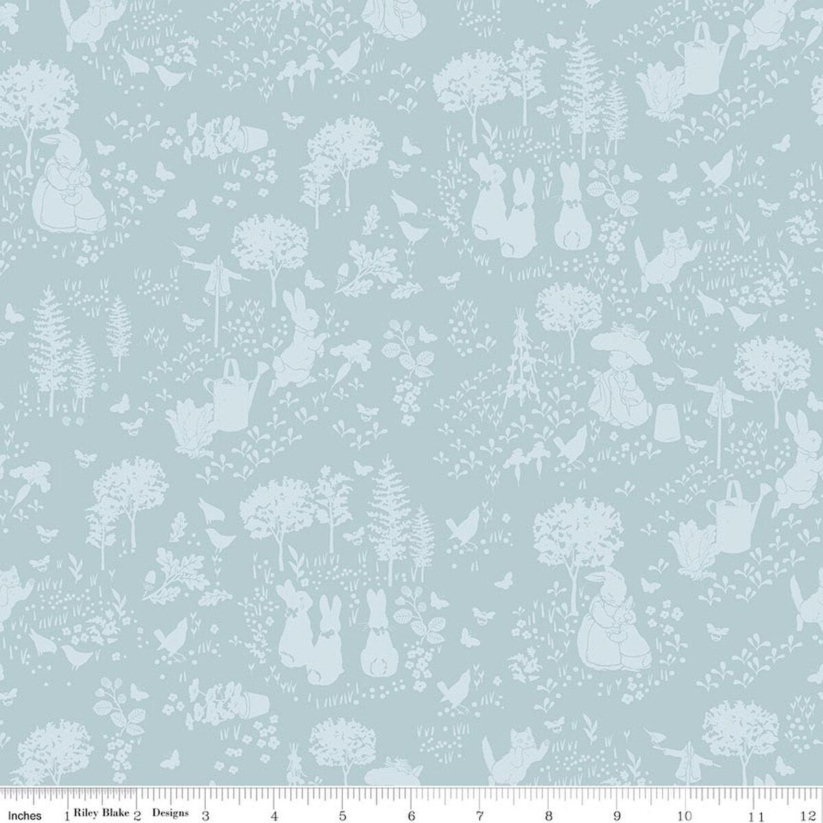 Fabric Riley Blake Blue Tonal Garden Peter Rabbit and Benjamin Bunny b ...