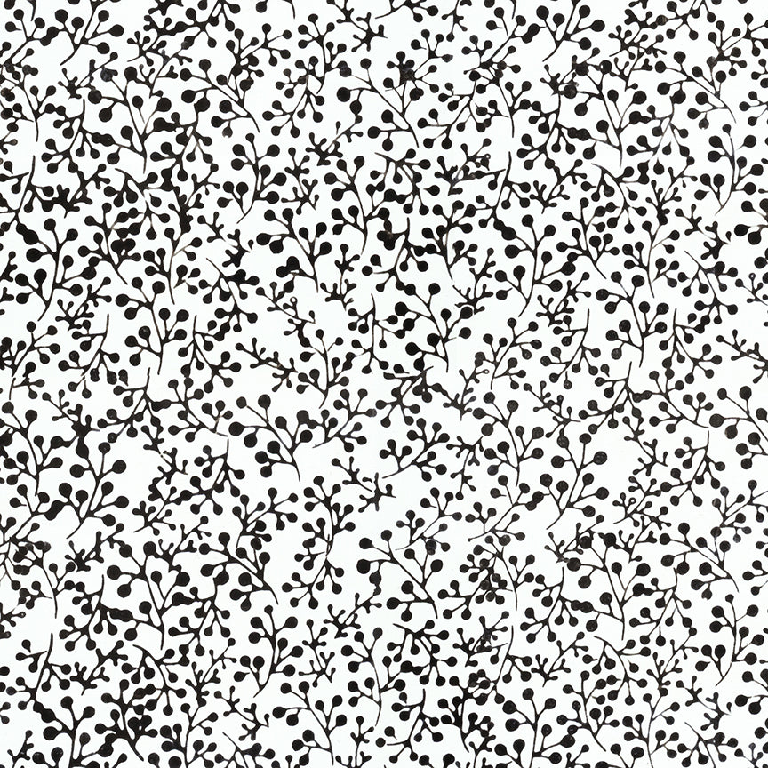 Black and white botanical pattern featuring delicate hand-drawn stems, leaves, and dots in a dense, repeating design.