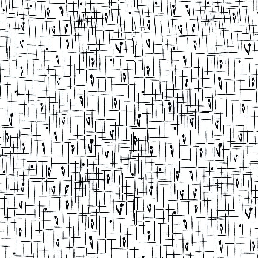 A seamless black and white abstract pattern featuring hand-drawn intersecting lines, small hearts, and geometric shapes.