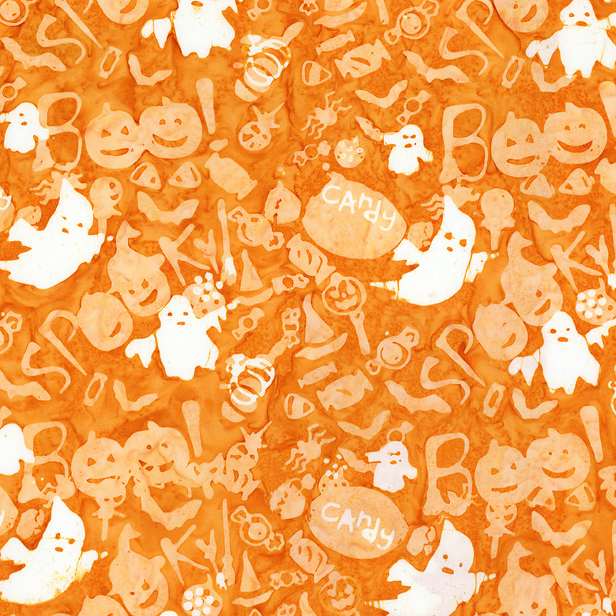 Halloween-themed fabric with ghosts, pumpkins, and candy on an orange background
