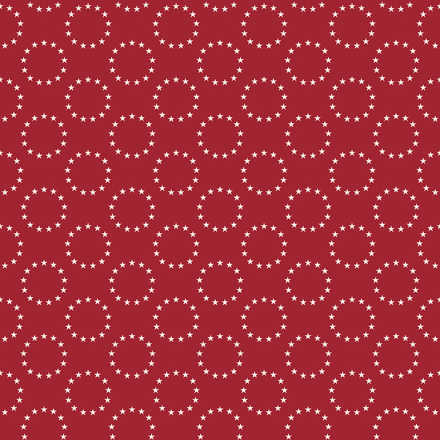 Pattern of interlocking circles with stars on a red background