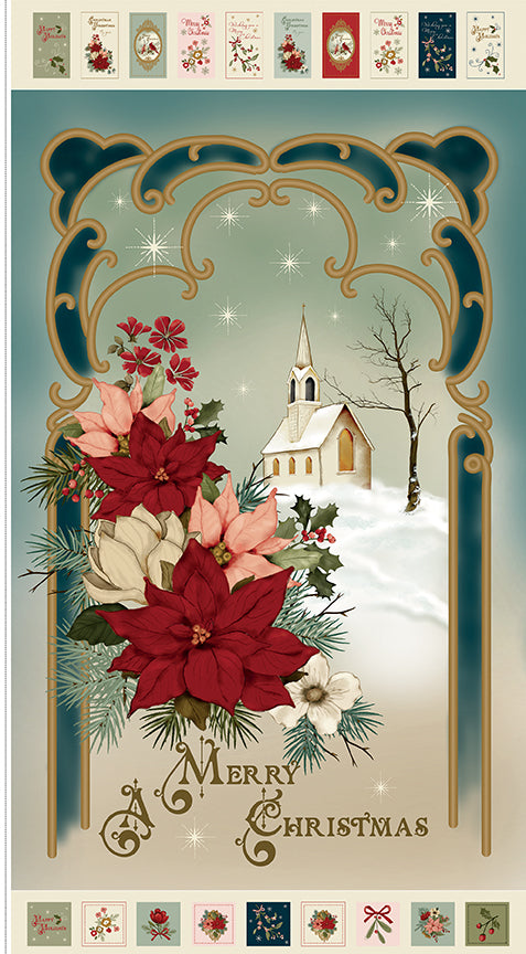 Vintage-style Christmas fabric with poinsettias, a church, and decorative elements.