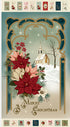 Vintage-style Christmas fabric with poinsettias, a church, and decorative elements.