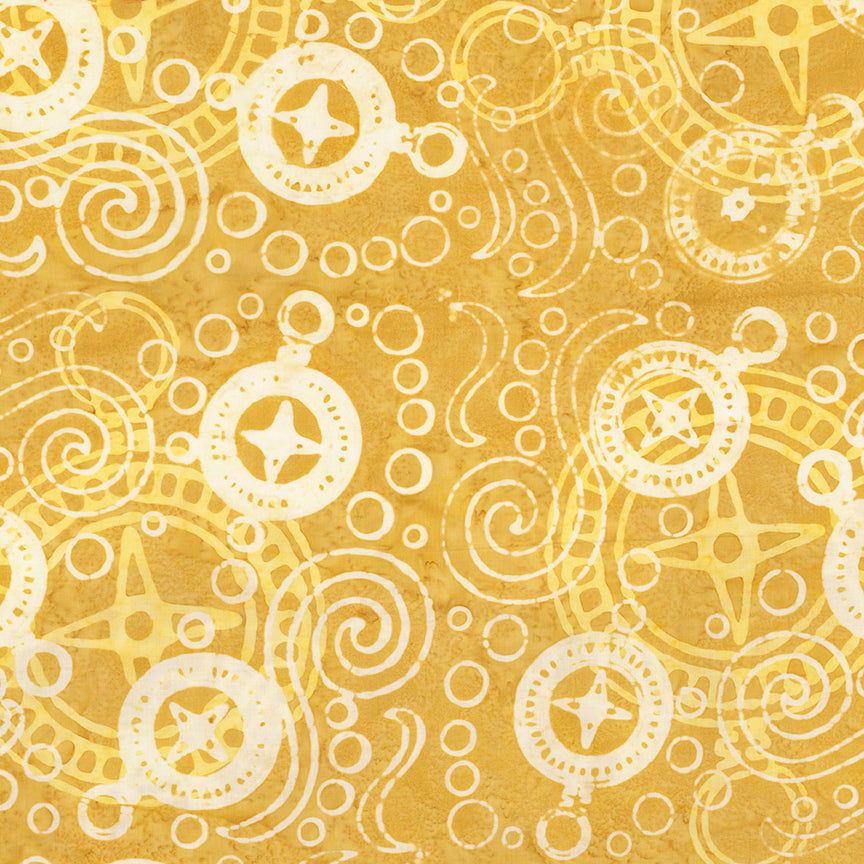 A repeating pattern of white compasses, stars, circles, and swirls on a textured mustard yellow background.