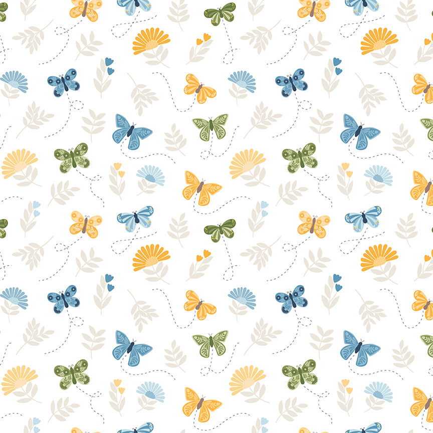 Pattern of colorful butterflies and flowers on a white background