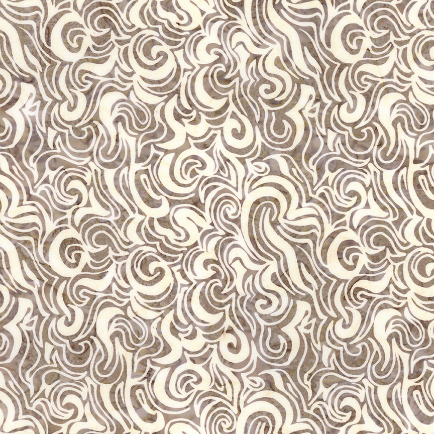 A close-up of a repeating abstract swirl pattern in taupe brown and warm off-white, filling the entire frame.