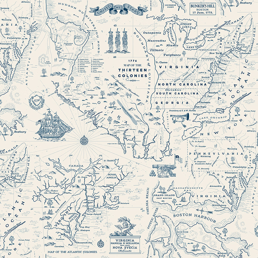 Map of the Thirteen Colonies with decorative elements on a light background