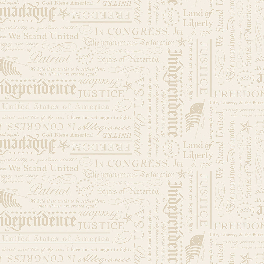 Textured fabric with American patriotic phrases on a beige background