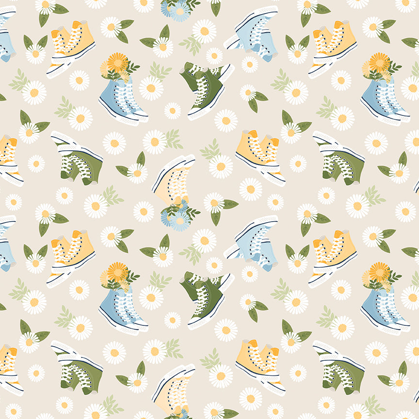 Pattern of sneakers and flowers on a beige background