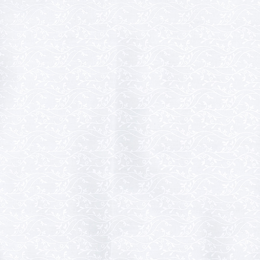 White fabric with a delicate, tonal white floral and vine pattern.